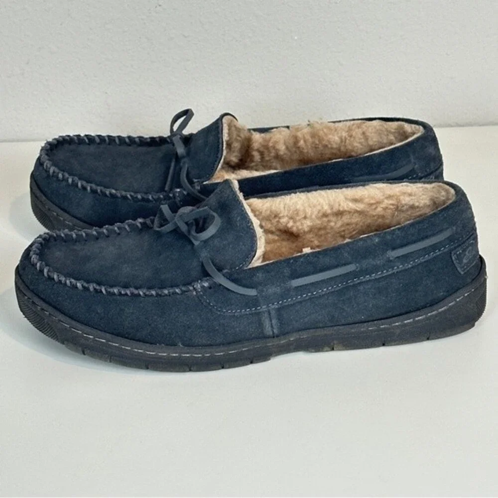 Eddie Bauer Firelight Suede Grey Shearling Lined Moc Slippers L 9.5-10.5